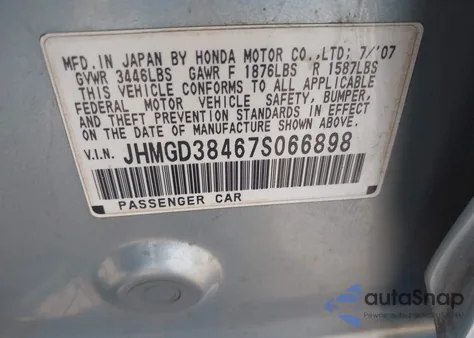 2007 Honda Fit из США, поврежденный, VIN JHMGD38467S066898